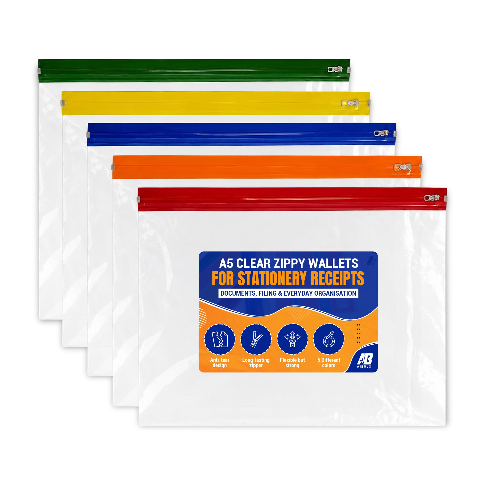 AIBULO 25 Pack A5 Clear Zip Bags – Waterproof Plastic Wallets with Writable Panel & Colour Zipper – Travel Document Holders for Passports, Receipts, Stationery, Money & Essentials – Reusable & Wipe Cl