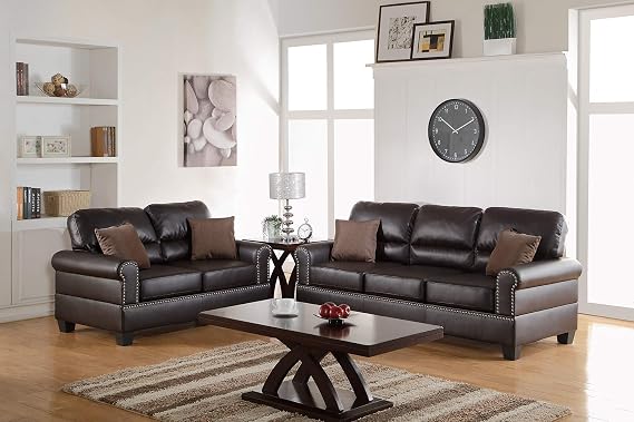 Poundex Bobkona Shelton Bonded Leather 2 Piece Sofa and Loveseat Set, Espresso