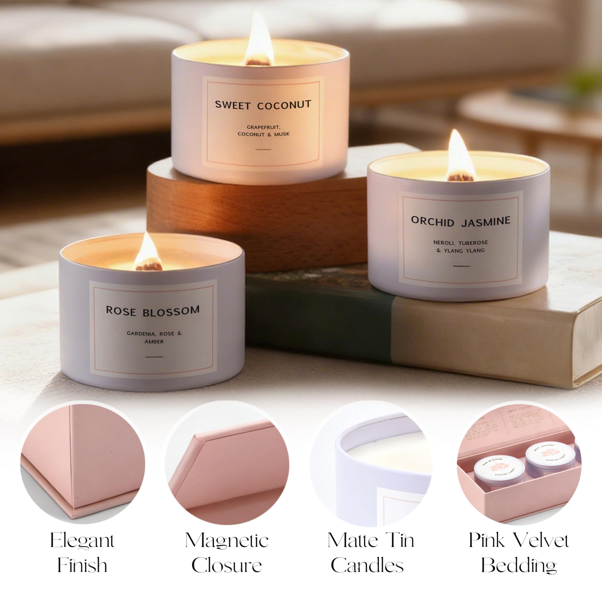 LaurGifts Duftkerzen Geschenkset - 3 Premium Floral Soja-Kerzen in luxuriöser rosa Box - Orchidee & Jasmin, süße Kokosnuss, Blütenrose - Entspannungsgeschenk für Frauen, Geburtstag, Spa & Zuhause