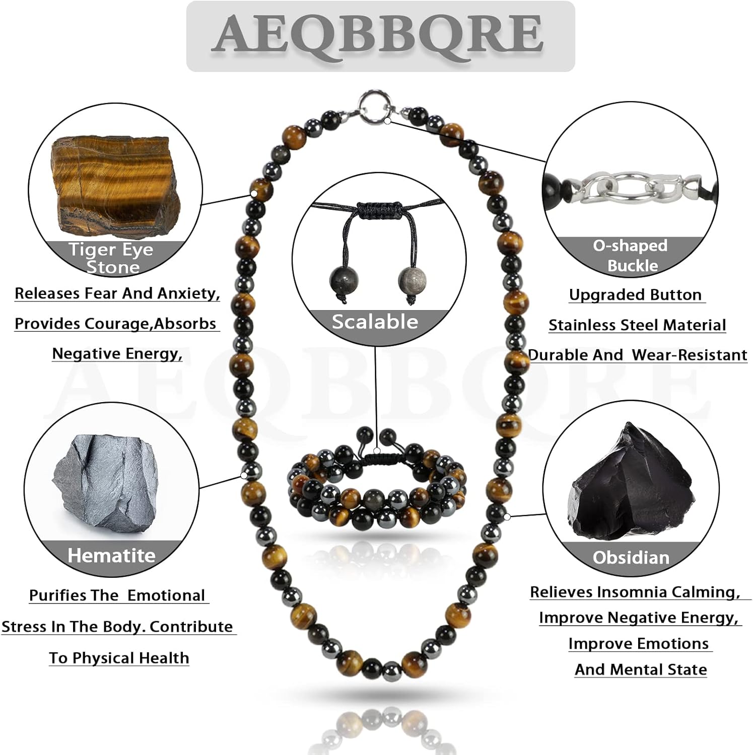 Men Tiger Eye Beaded Necklace Triple Protection Bracelet Jewelry Sets Hematite Black Obsidian Healing Crystal Stone Chakra Necklace for Women