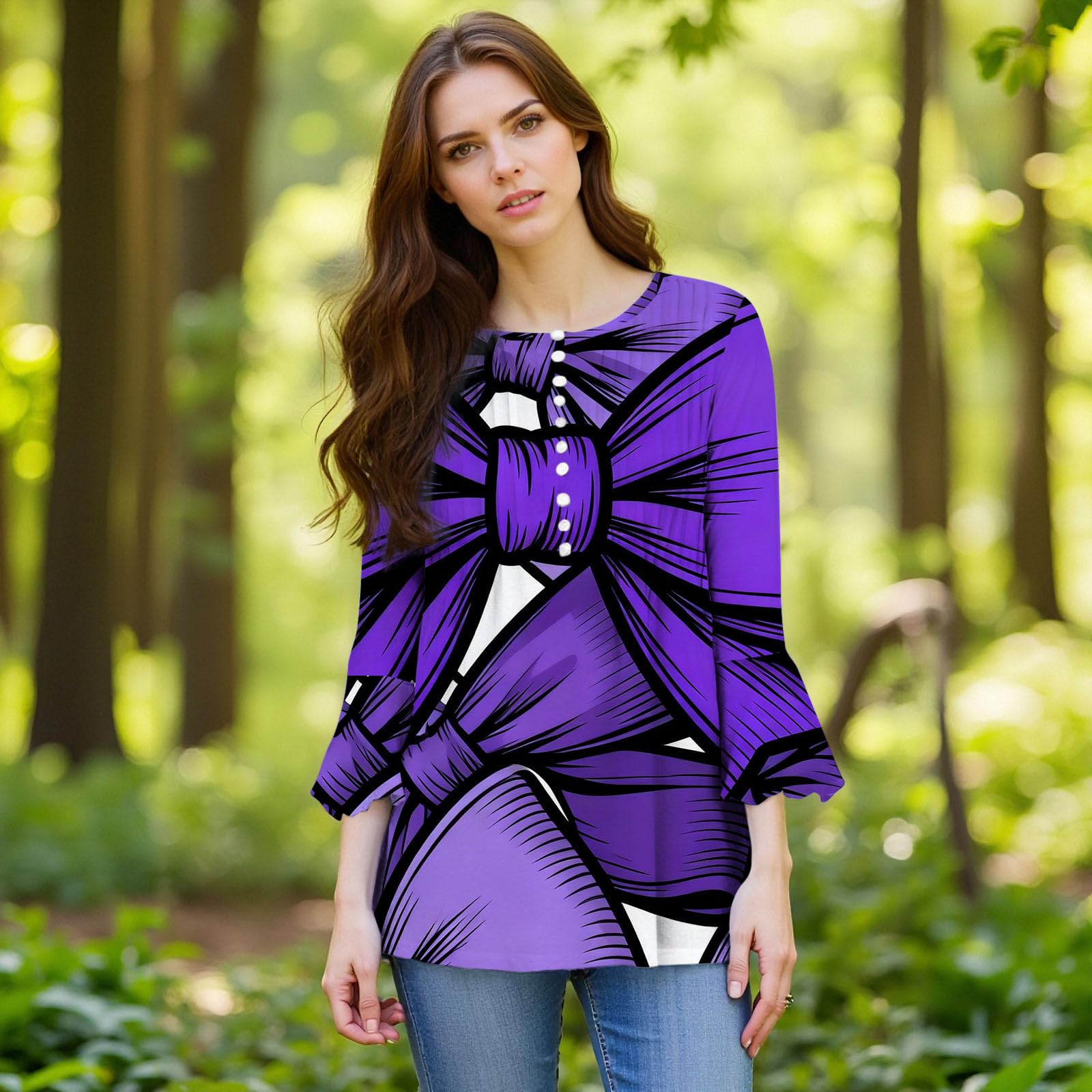 Camicetta da donna con scollo a V e maniche a 3/4, con stampa grafica con grande fiocco, vestibilità larga, stile retrò, casual, per tutti i giorni, ufficio, lavoro, feste
