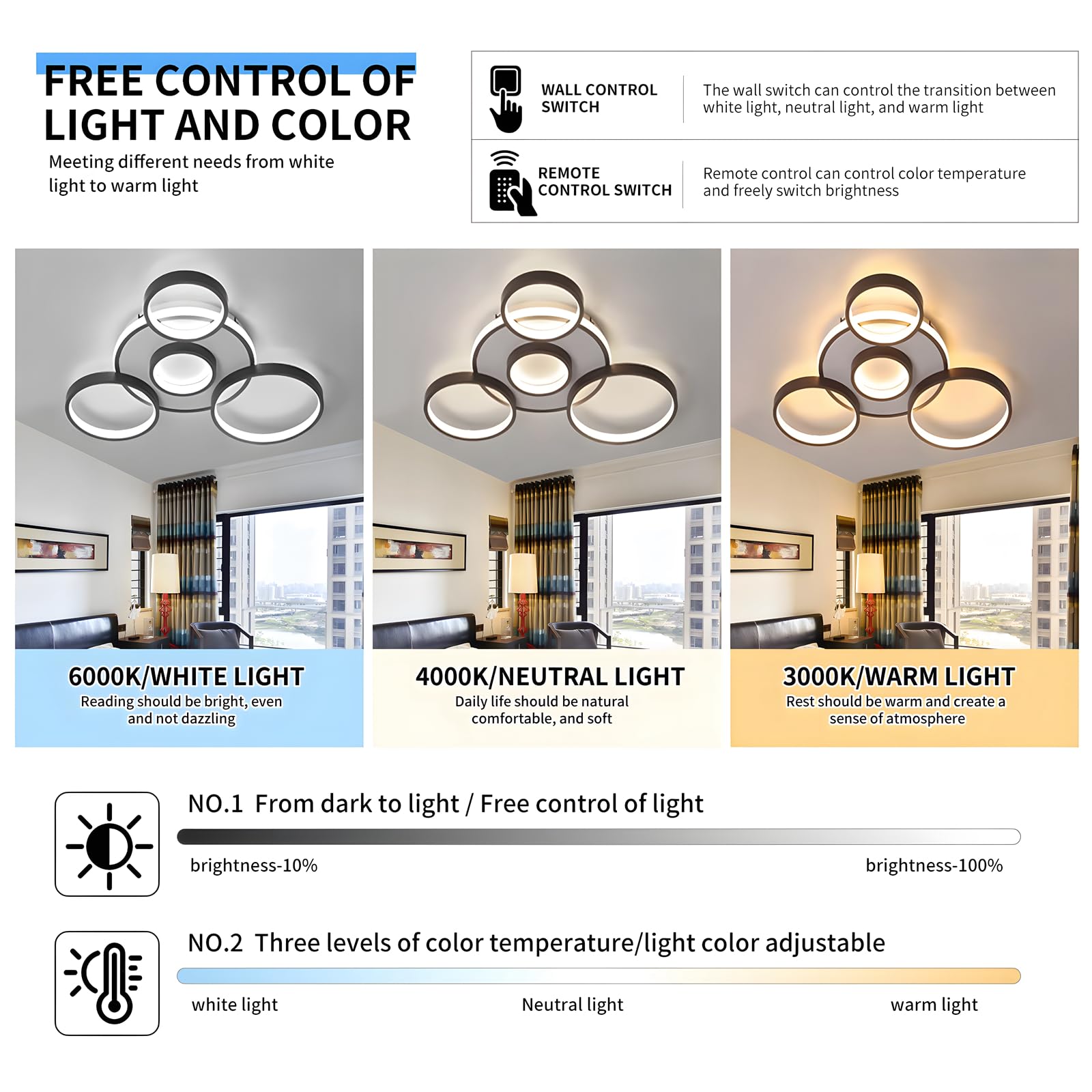 LED Plafoniera Moderna, Ø70cm Lampada Multi Cerchio Nera, 58W Dimmerabile Continuo 3000-6000K, Lampadario Rotondo In Metallo + Acrilico, Camera Letto Soggiorno Bambini Ufficio Studio(5 Anelli)