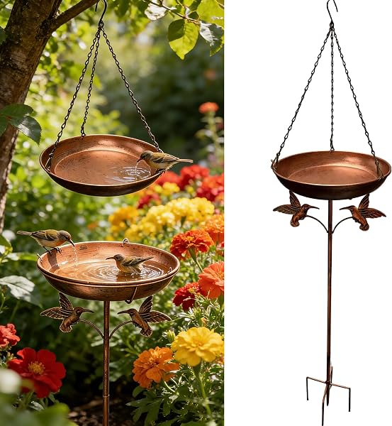 Beafaeur Abreuvoir Oiseaux,Bain Suspendu pour Oiseaux,Bain d'oiseaux Abreuvoir Exterieur(∅ 30cm),avec Socle à 5 Pattes Anti-Basculement et Chaîne,Bains d'oiseaux Autoportants pour Jardin Balcon - 1