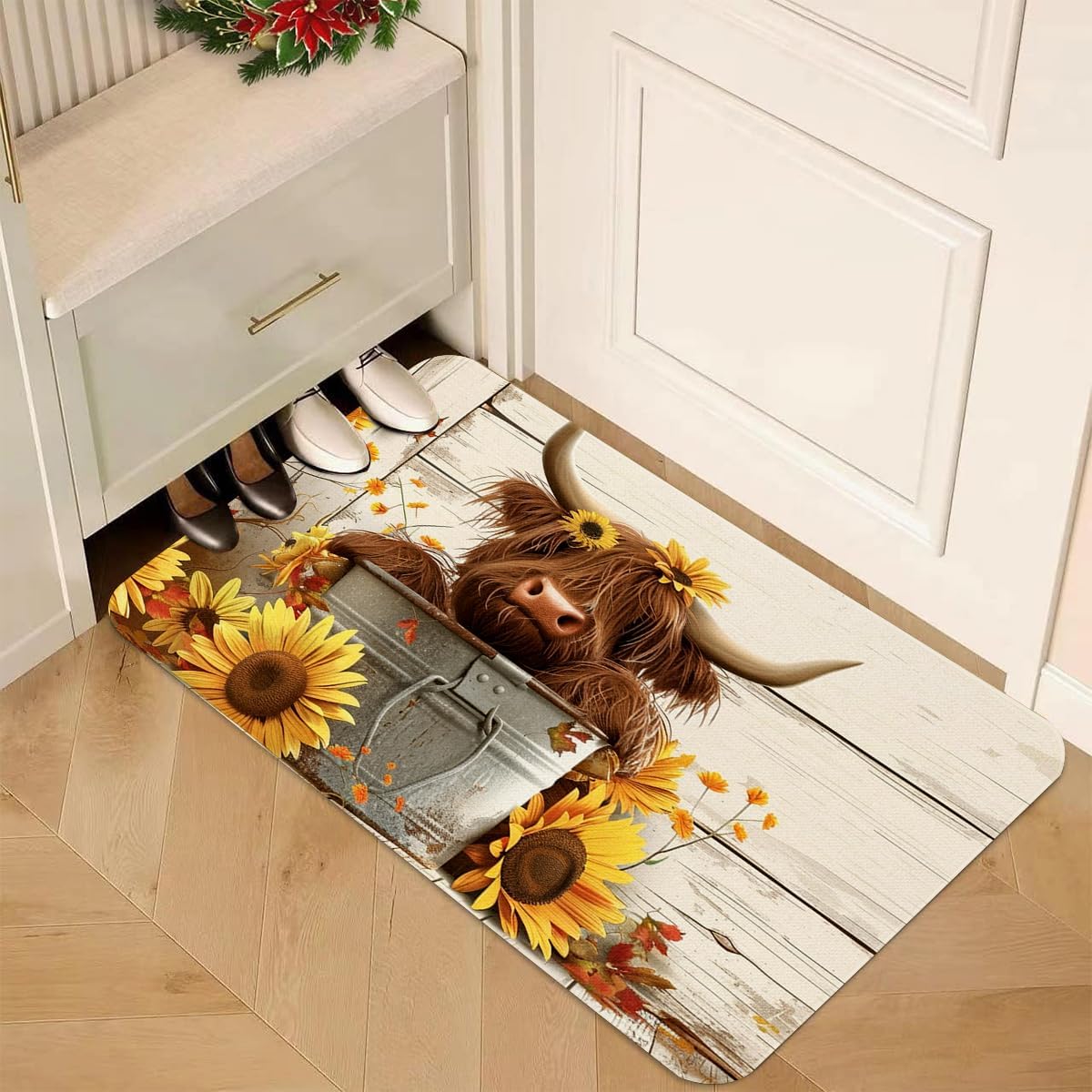 Highland Cow Sunflower Kitchen Rugs, Farmhouse Cotton Blend Linen Non Slip Washable Comfortable Durable Mats for Home Office Bedroom Bathroom Laundry, Rustic Design (Cow A)