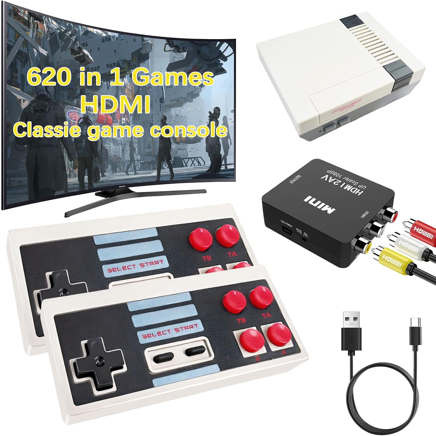 Retro Game Console, Wireless Retro Gaming Console with Built-in620 Games, AV and HDMI Output, Dual 2.4GHz Wireless Controllers, Plug and Play Video Game System.