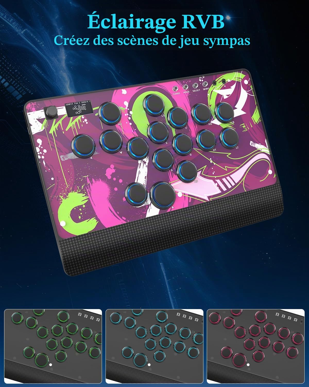 Arcade Fight Stick GM-16, Clavier de Jeu pour PC/Switch/PS4/PS3 | Arcade Stick Contrôleur d'arcade Tous Boutons avec Turbo et RVB personnalisé, Prise en Charge Hot Swap et SOCD/RGB/Turbo