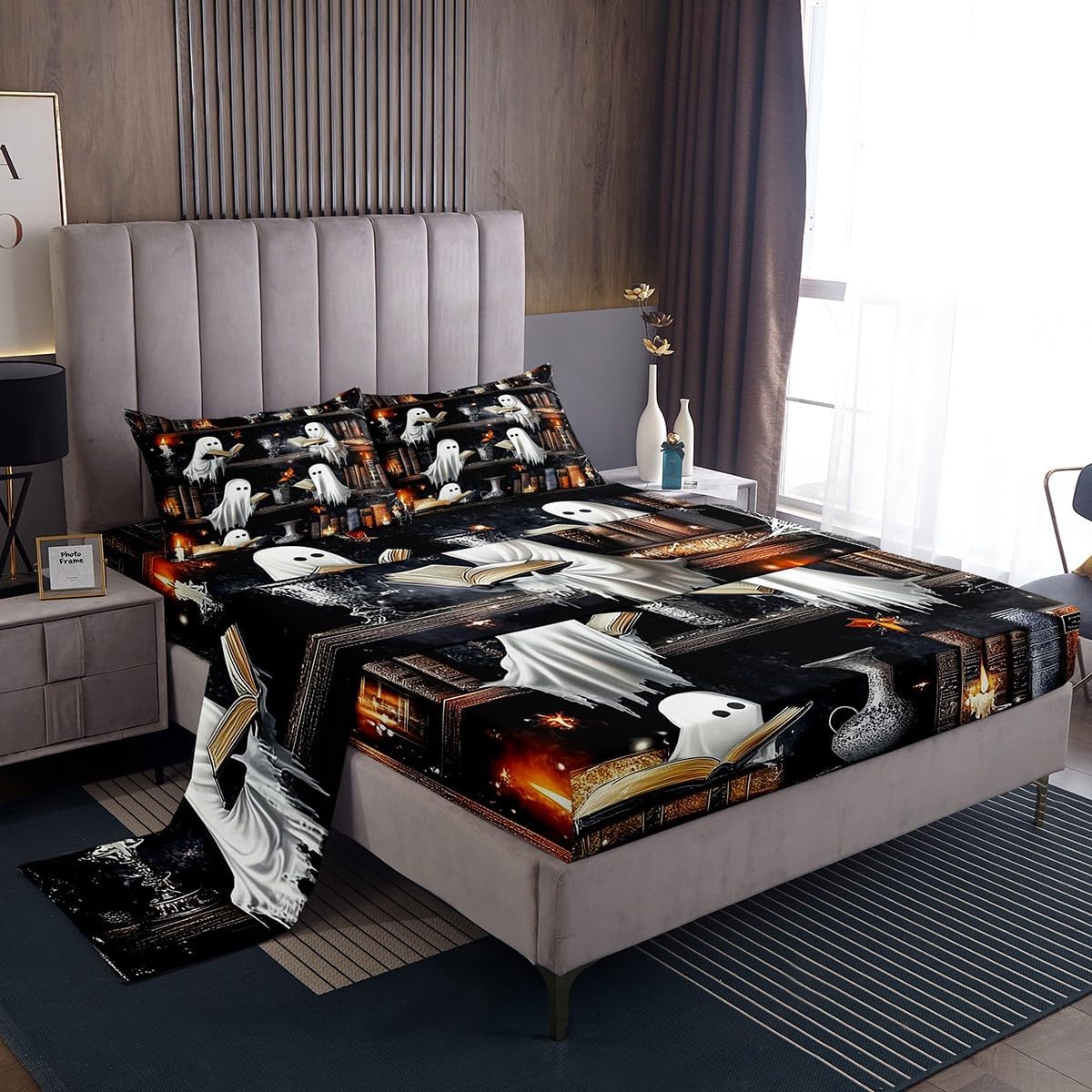 jejeloiu Cute Ghost Bed Sheets Set Twin Size Kids Halloween Theme Bedding Set for Boys Girls Kawaii Cartoon Vintage Bookshelf Pattern Fitted Sheet Room Decor