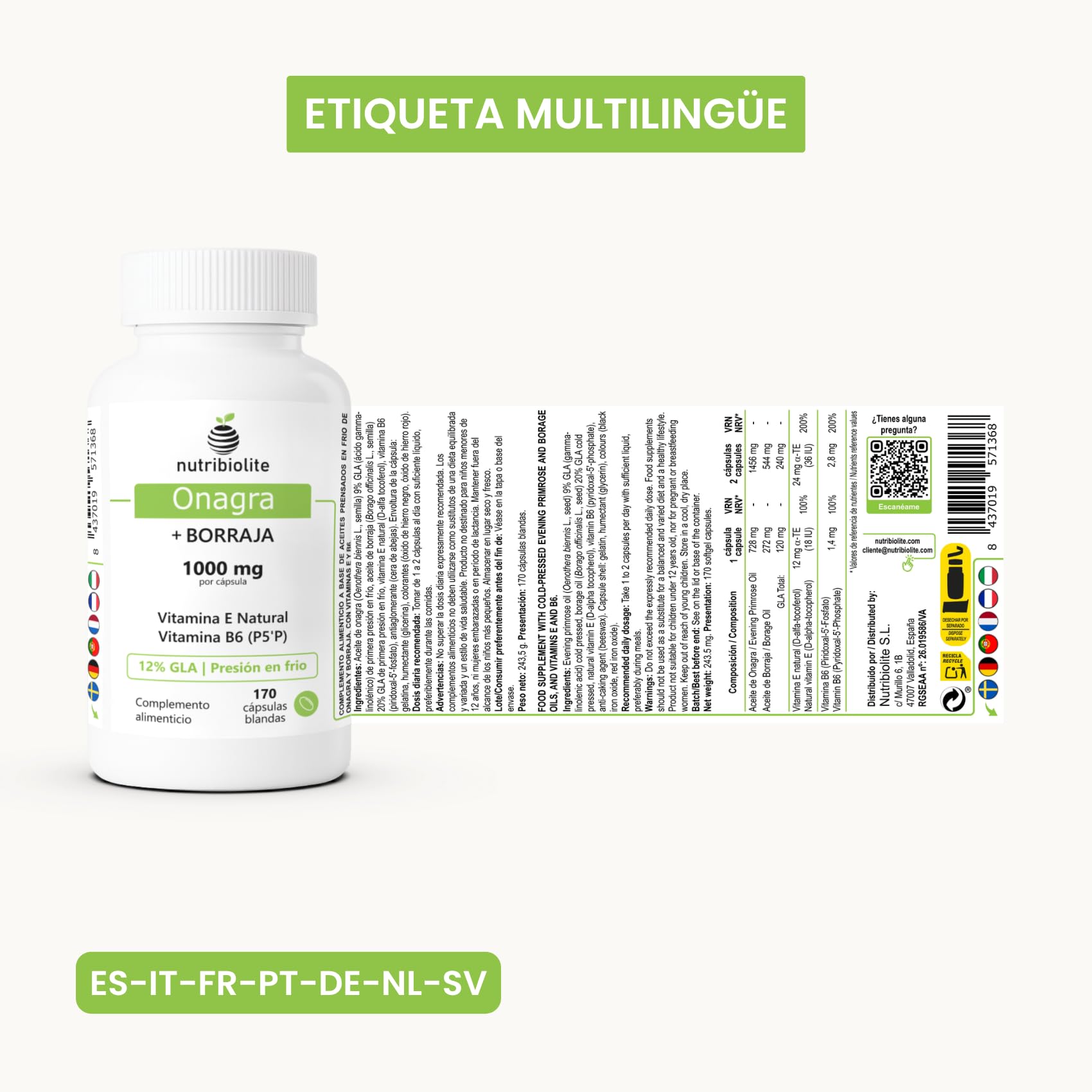 Aceite de Onagra y Borraja perlas 1000 mg - 12% GLA, Vitamina E Natural y B6 coenzimada (P5P) - Equilibrio Hormonal, SPM, Menopausia y Salud de la Piel - 170 Perlas - Prensado en Frío | Nutribiolite