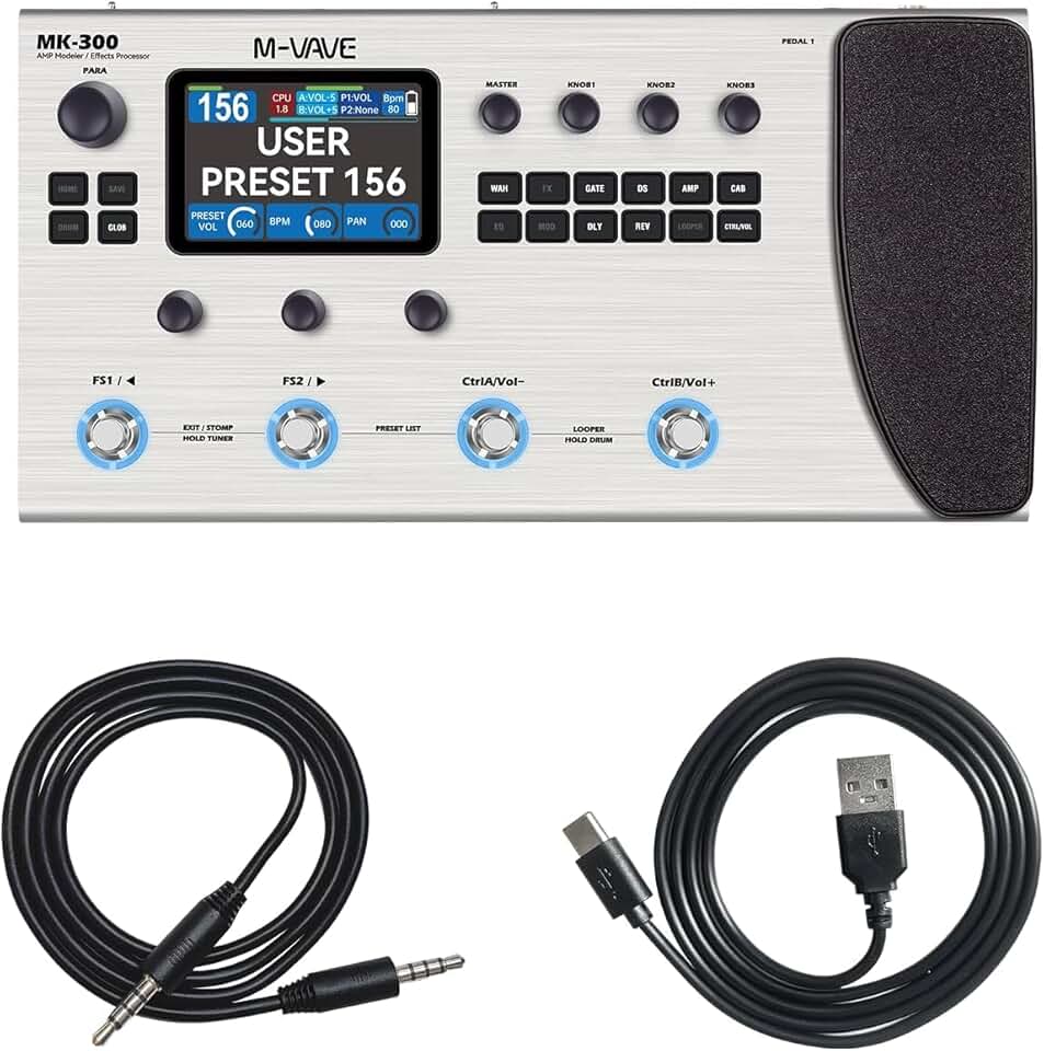 M-VAVE MK-300 Processador de Efeitos para Guitarra - Modelagem Neural 120 AMP/360 FX, Bateria 10h, Looper 300s, MIDI e Compatível com Kemper/Axe-FX (Preto)