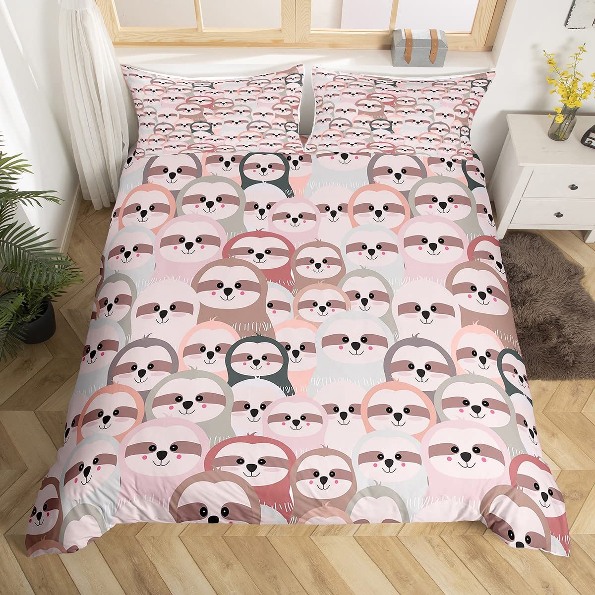 Homemissing Cute Sloth Duvet Cover Pet Cartoon Sloth Bedding Set for Kids Boys Girls 3D Animal Comforter Cover Pink Grey Bedspread Cover 3Pcs Double Size