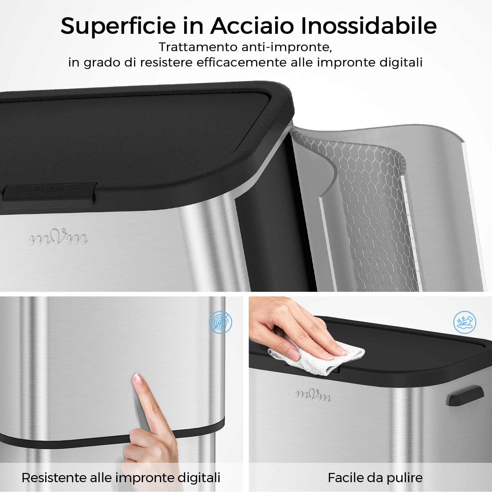 mVm Pattumiera Grande in Acciaio 70L, Cestino Grande Capacità con Chiusura Ammortizzata, Design Semplice Senza Secchio Interno, Bidone Multiuso per Ufficio, Balcone, Casa