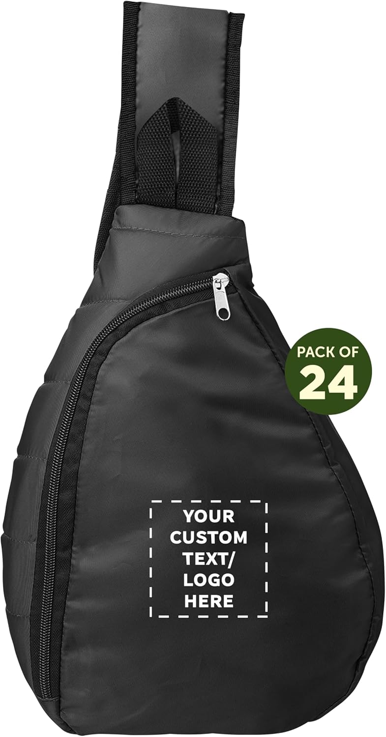 DISCOUNT PROMOS Custom Monterey Sling Backpacks Set of 24, Personalized Bulk Pack - Adjustable, Comfort Fit, Lightweight, Ideal for Commuting, Sports, Daily Use - Black