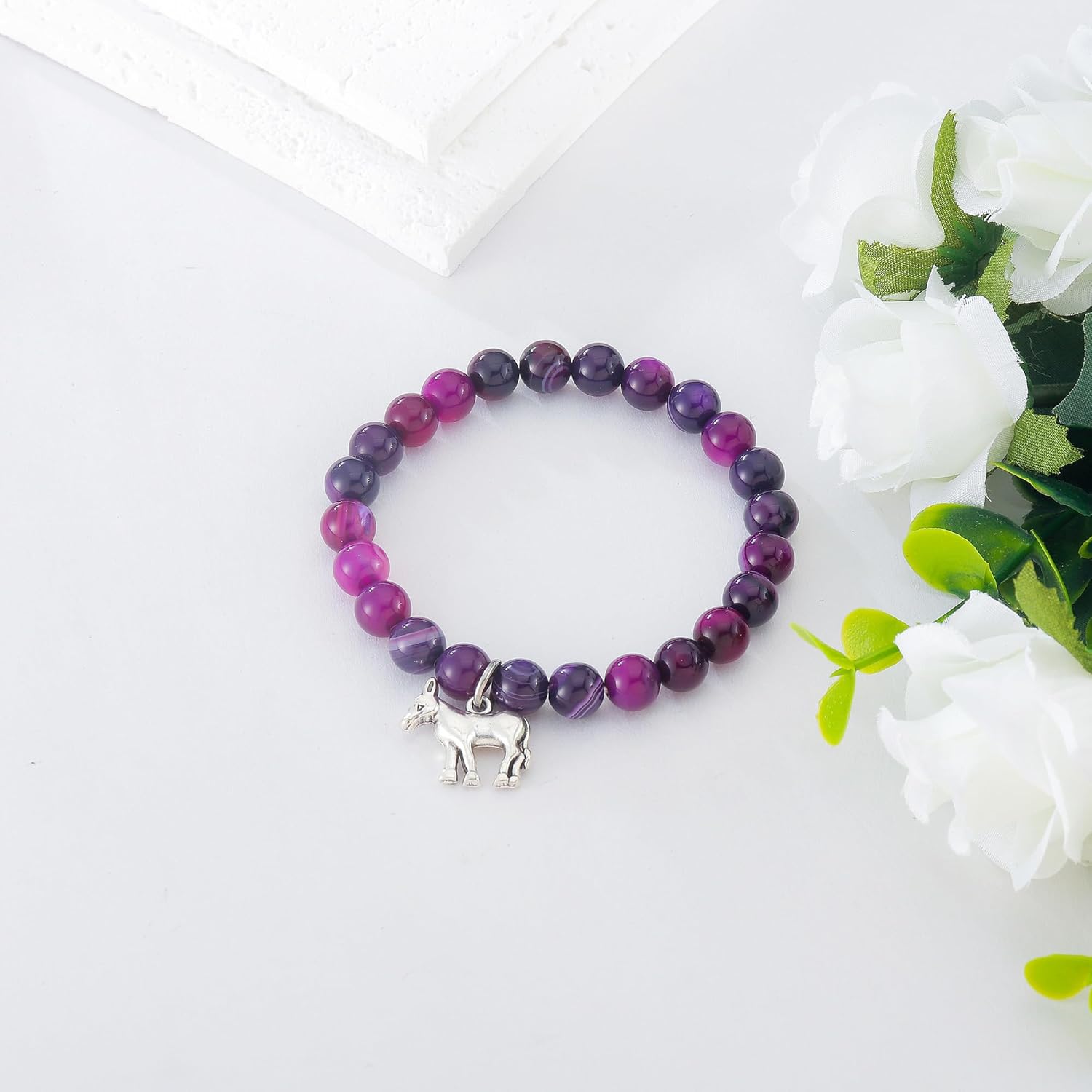 PARTNER Donkey Gifts for Women Donkey Bracelet for Good Friends Donkey Pendant Amethyst Beaded Natural Stone Bracelet for Donkey Lovers