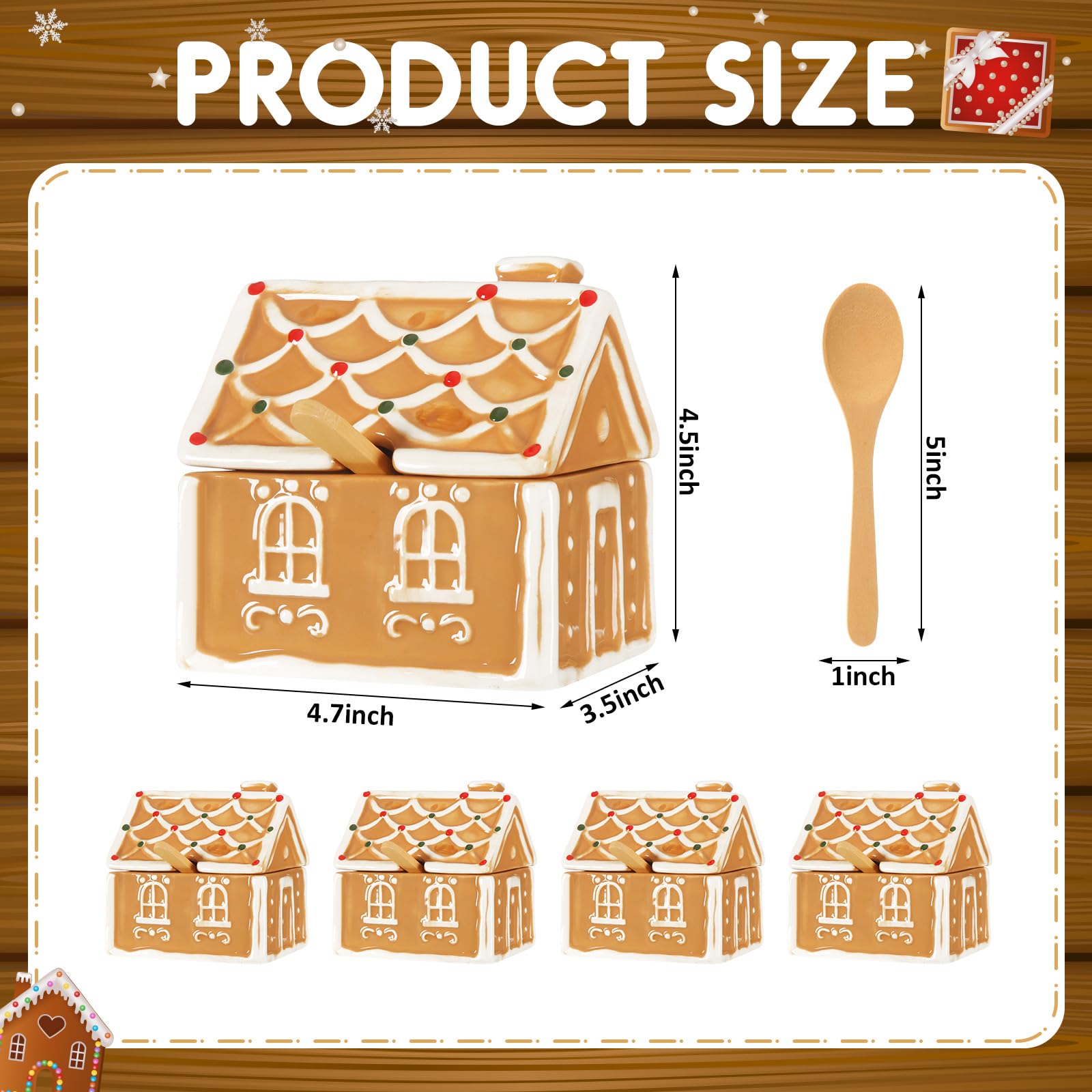 Honeydak Lebkuchenhaus-Zuckerdose aus Keramik mit 12,7 cm Löffeln, Weihnachts-Süßigkeiten-Vorratsdose mit Deckel, Backbehälter, Organizer, Urlaubsdekoration, Geschenk-Set, 10,9 x 8,9 x 10,9 cm, 4