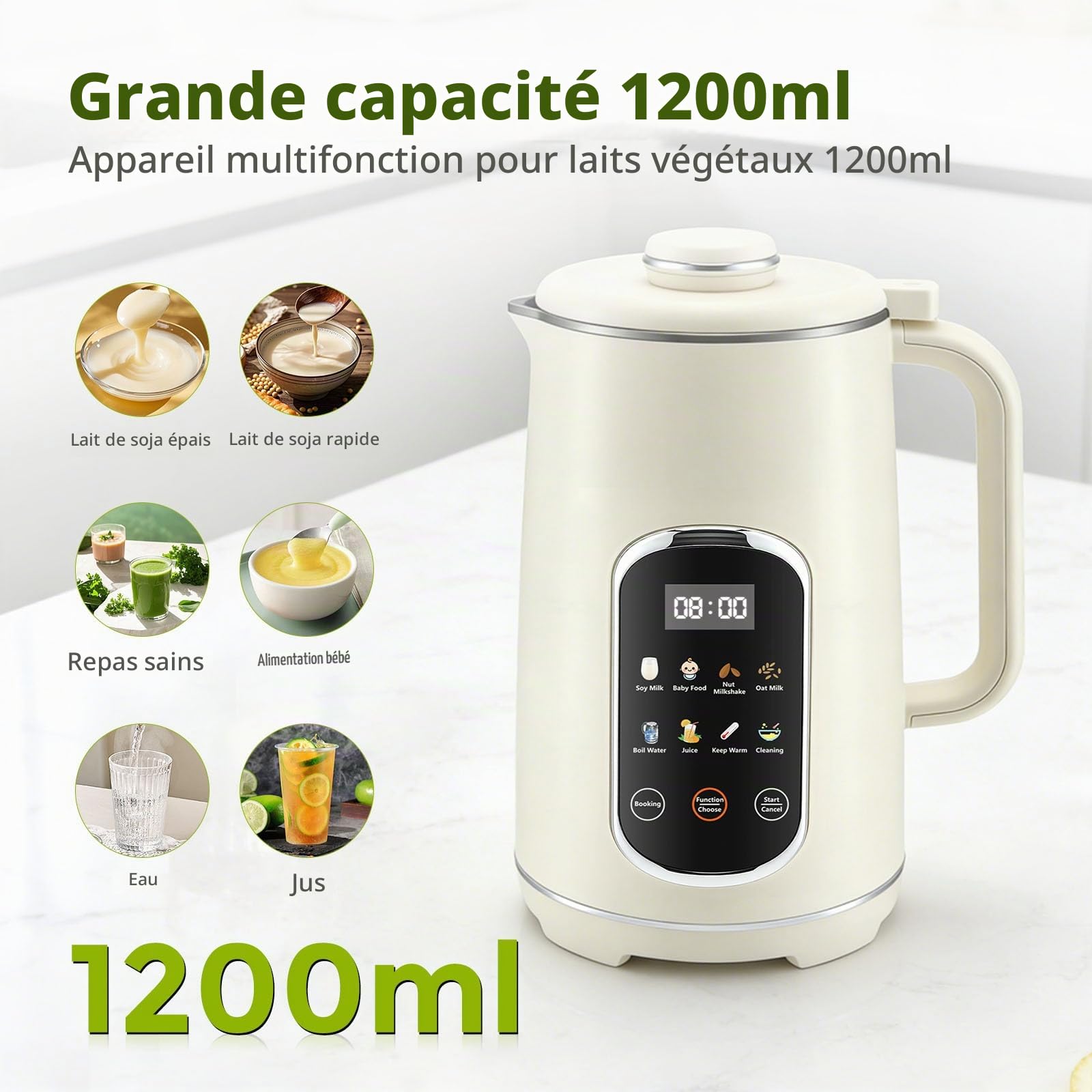 Machine à Lait De Noix 8 en 1, Machine à Lait D'Avoine avec DéPart DifféRé/Maintien Au Chaud/Auto-Nettoyage, 1200ml PréPareur De Lait De Soja avec 16 Lames pour Laits VéGéTaux Maison