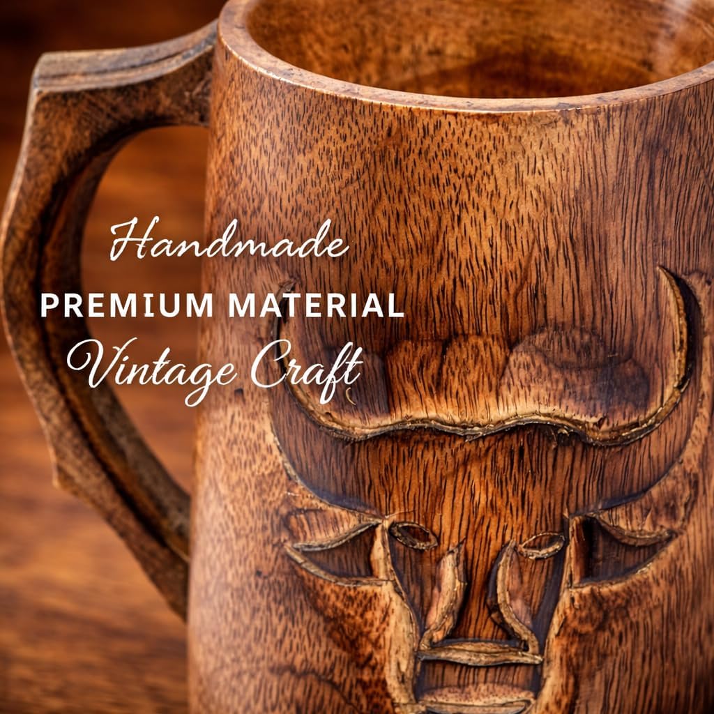 collectiblesBuy Handmade Wooden Beer Mug with Bull Face Carving Rustic Tankard Stein for Beer, Coffee, Tea, Milk & Water Vintage Natural Wood Drinkware Cup