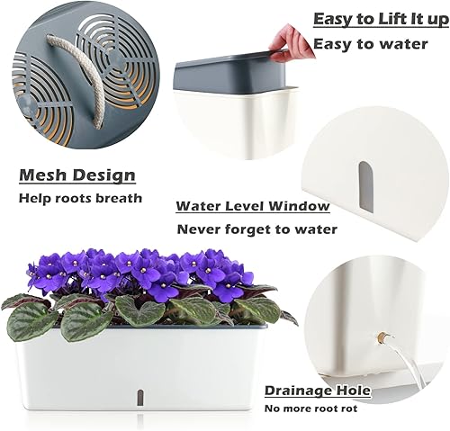 Miniatura 2 de Paquete de 3 macetas rectangulares de riego automático para plantas de interior de 17 x 4.7 pulgadas, jardineras rectangulares para alféizar de