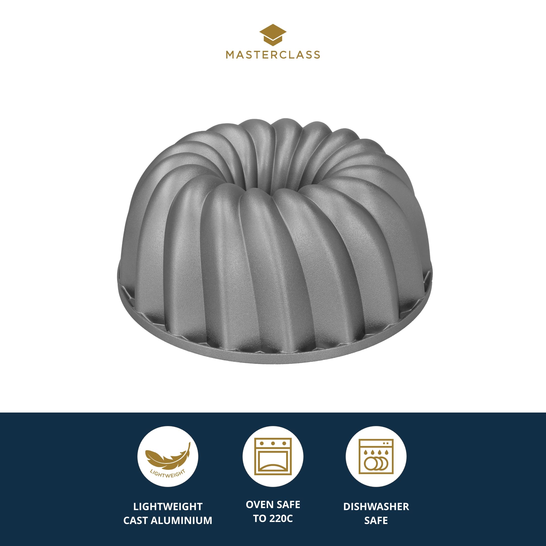 MasterClass Molde decorativo para tartas de 24 cm, molde de aluminio fundido antiadherente y antiarañazos, molde decorativo para tartas con diseño de remolino, duradero y ligero, gris