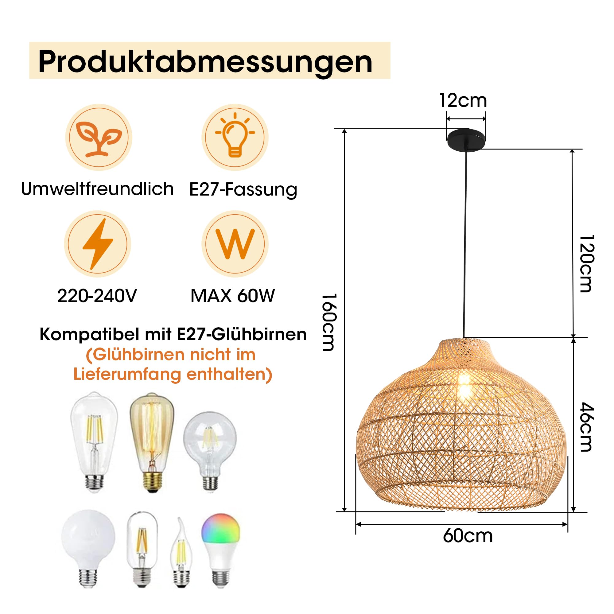 Parrot Uncle Große Rattan-Pendelleuchte, natürlicher Rattanschirm, Eisengestell, höhenverstellbar, E27-Fassung, 60 cm, für Wohnzimmer Esszimmer (Ohne Leuchtmittel) [Energieklasse A]