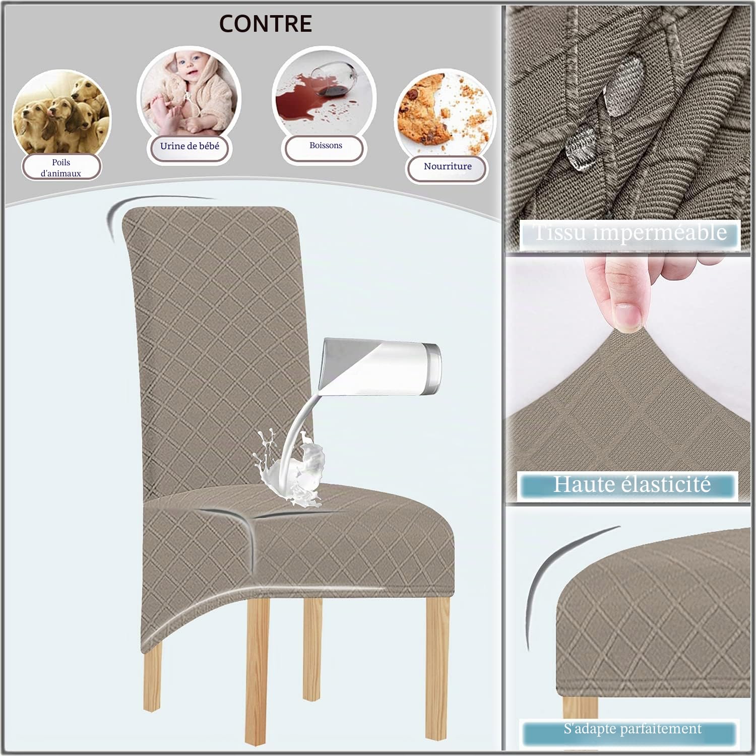 1/2/4/6 PCS Diamond Lattice Stretch Imperméable XL Housses de Chaise pour Salle à Manger, Spandex Haut Dossier Grande Chaise de Salle à Manger Housses(Taupe,6 pièce)