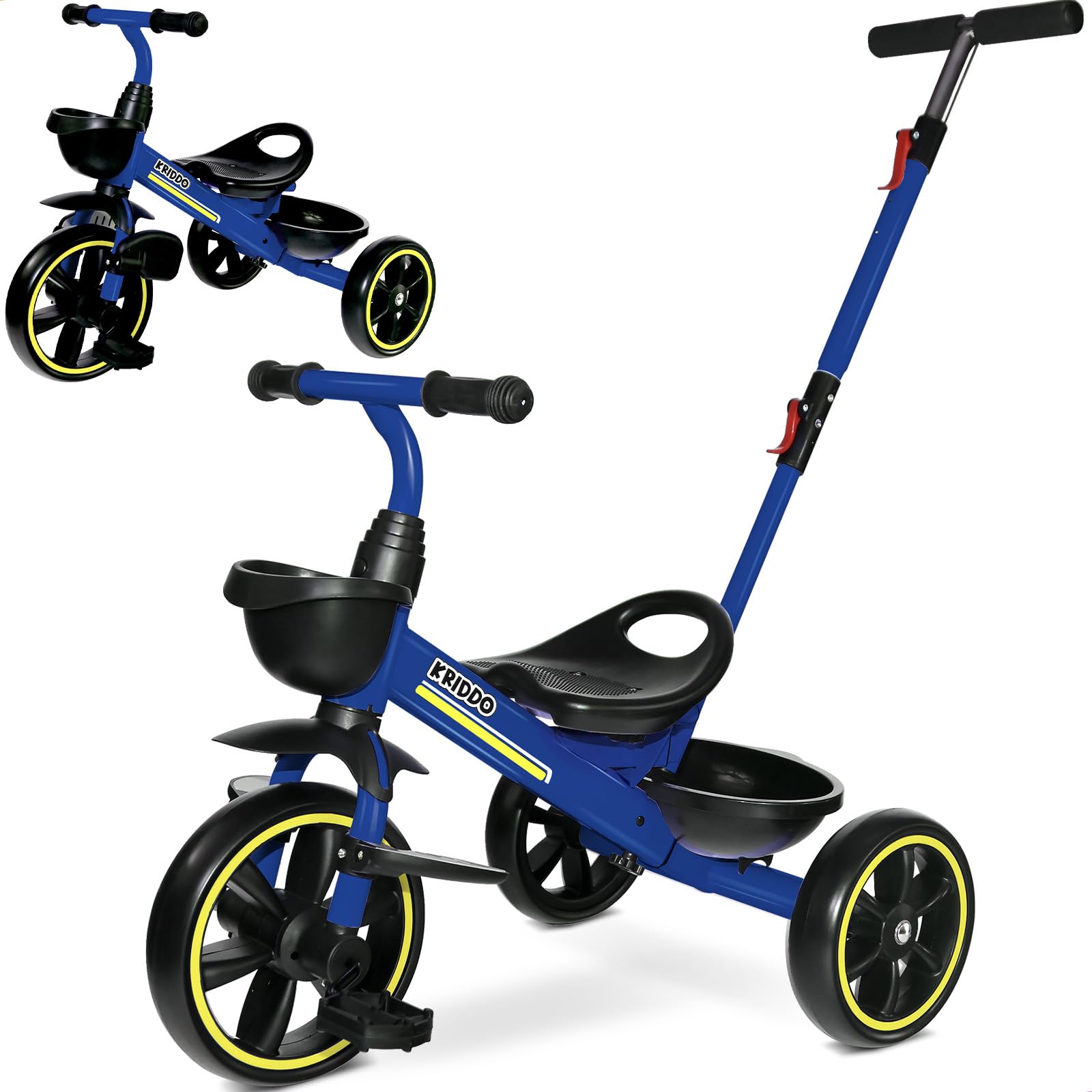 KRIDDO 2-in-1 Toddler Tricycle for Ages 18 Months to 5 Years Old - Extended Push Handle for Effortless Push, Gift Trike for Toddler 3 to 5 Year, Kids Tricycle with Foldable Front Footrest, Blue