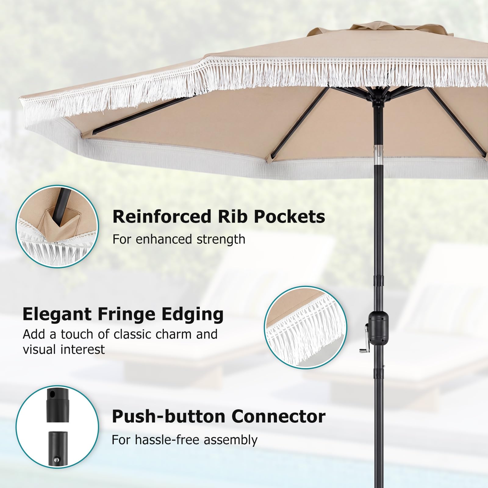 FANTASK Sonnenschirm 270 cm, Boho Gartenschirm mit Fransen, Balkonschirm rund mit Kurbel, beidseitig um 30° knickbar, UV-Schutz Gartenschirm, Balkonschirm für Balkon, Garten, Strand Pool (Beige)
