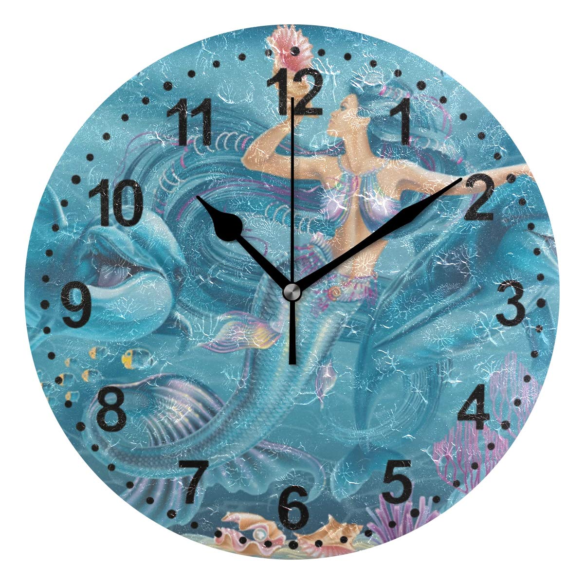 SUABO Clocks for Living Room Decor 9.5 inch Silent Non Ticking Bathroom Wall Clock (One Size, Mermaid and Dolphin)