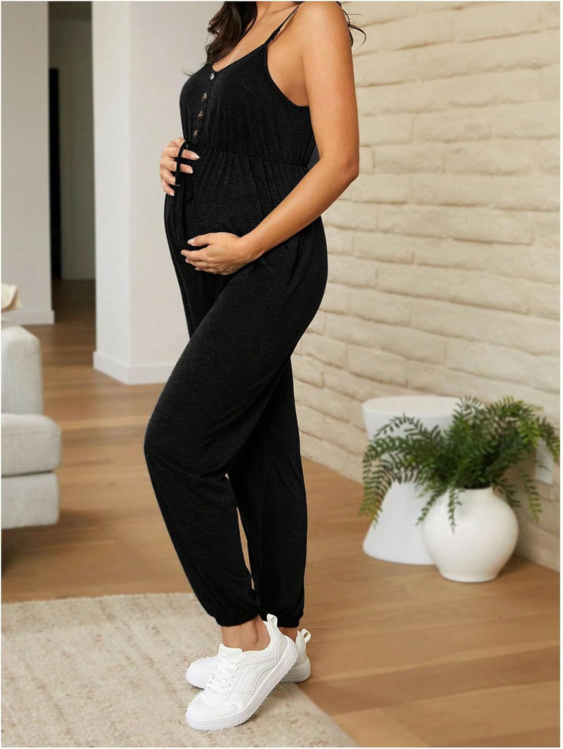OYOANGLE Women's Maternity Nursing Jumpsuits Button Front V Neck Long Pants Romper - Image 2