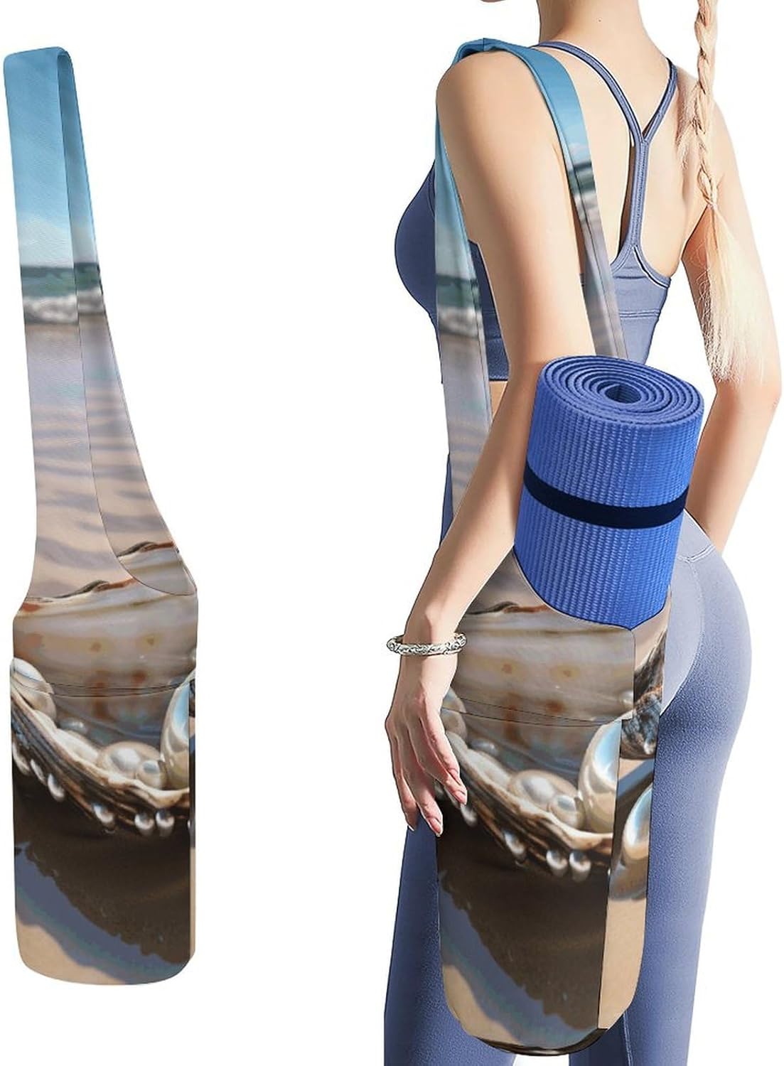 Ocean Beach Mussel Pearl Yoga Mat Bag Yoga Backpack Multi Pocket Exercise Yoga Mat Carrier Multi-Functional Storage Bag for Pilates Beach Travel And Everyday Use