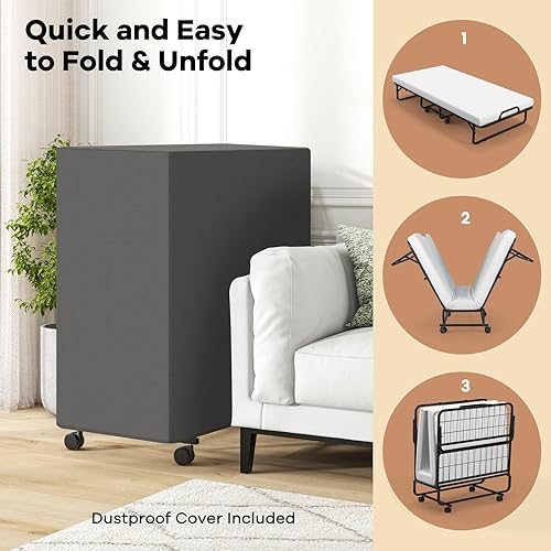 Miniatura 6 de Giantex Cama plegable con colchón y almohada superior, camas de invitados portátiles de tamaño individual con marco de metal, bolsillo de