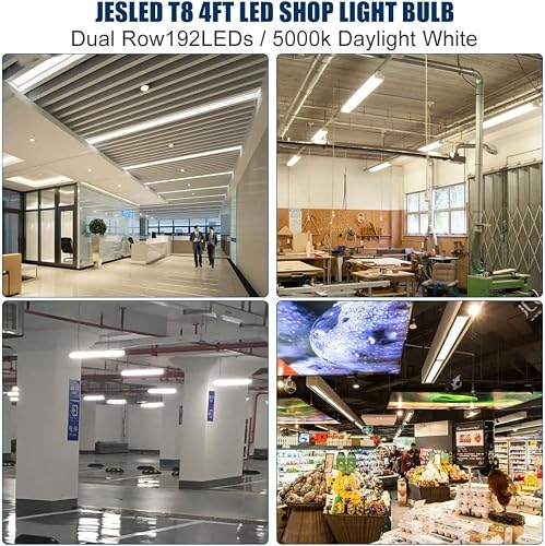 Jesled T8 T12 4Ft Led Type B Light Bulbs, 24W 5000K Daylight, 3000Lm, 4 Foot Fluorescent Tube Replacement, Double Row 192Leds, Frosted, Dual-End Powered, Remove Ballast, Warehouse Shop Lights (4-Pack) #TOP4