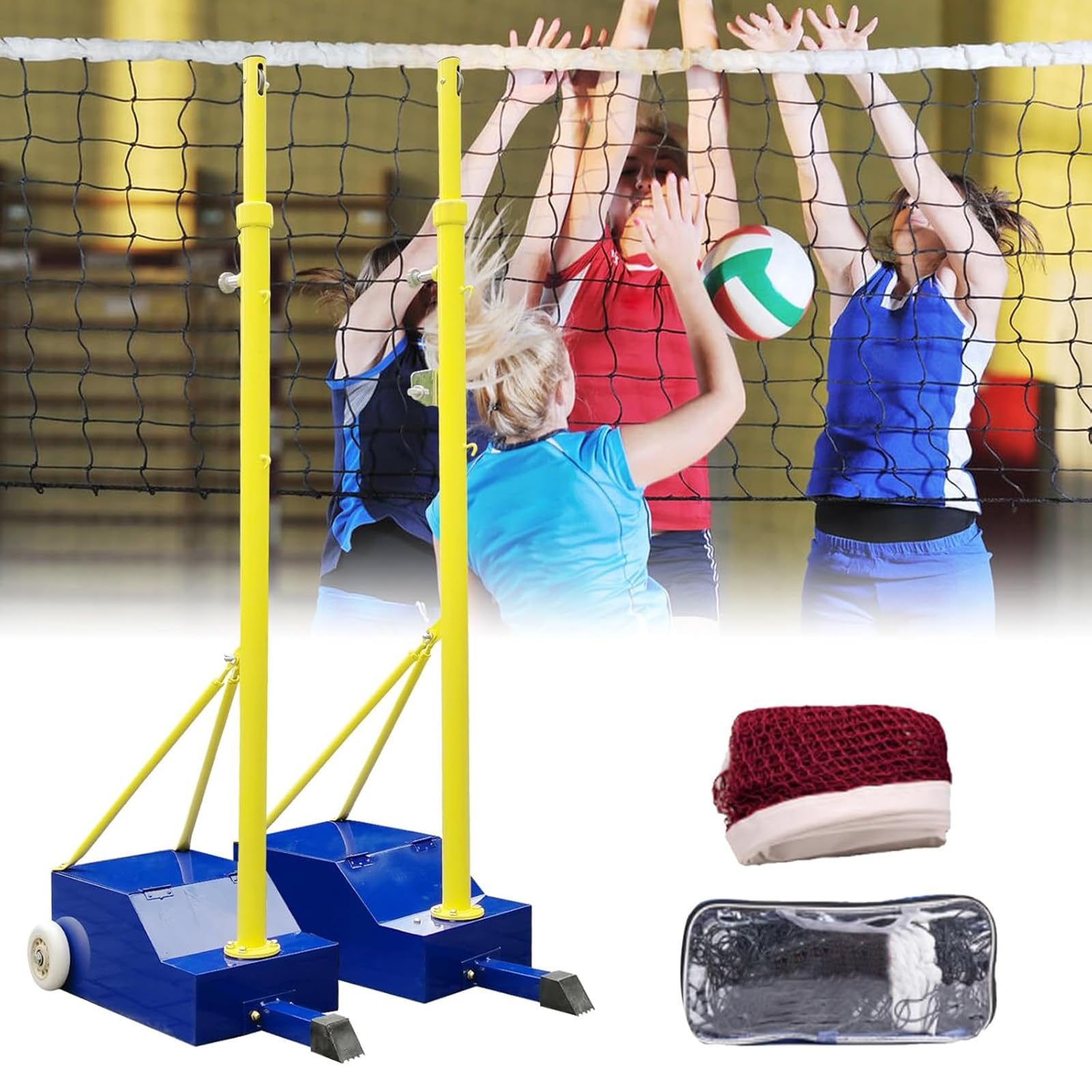 Filet de badminton Volleyball portable 2 en 1 réglable en hauteur avec roues pour entraînement au sol et au jardin