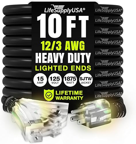 Cable de extensión de 10 pies para exteriores/interiores, 3 tomas, calibre 12/3, extra resistente, SJTW, impermeable, flexible, resistente al frío,