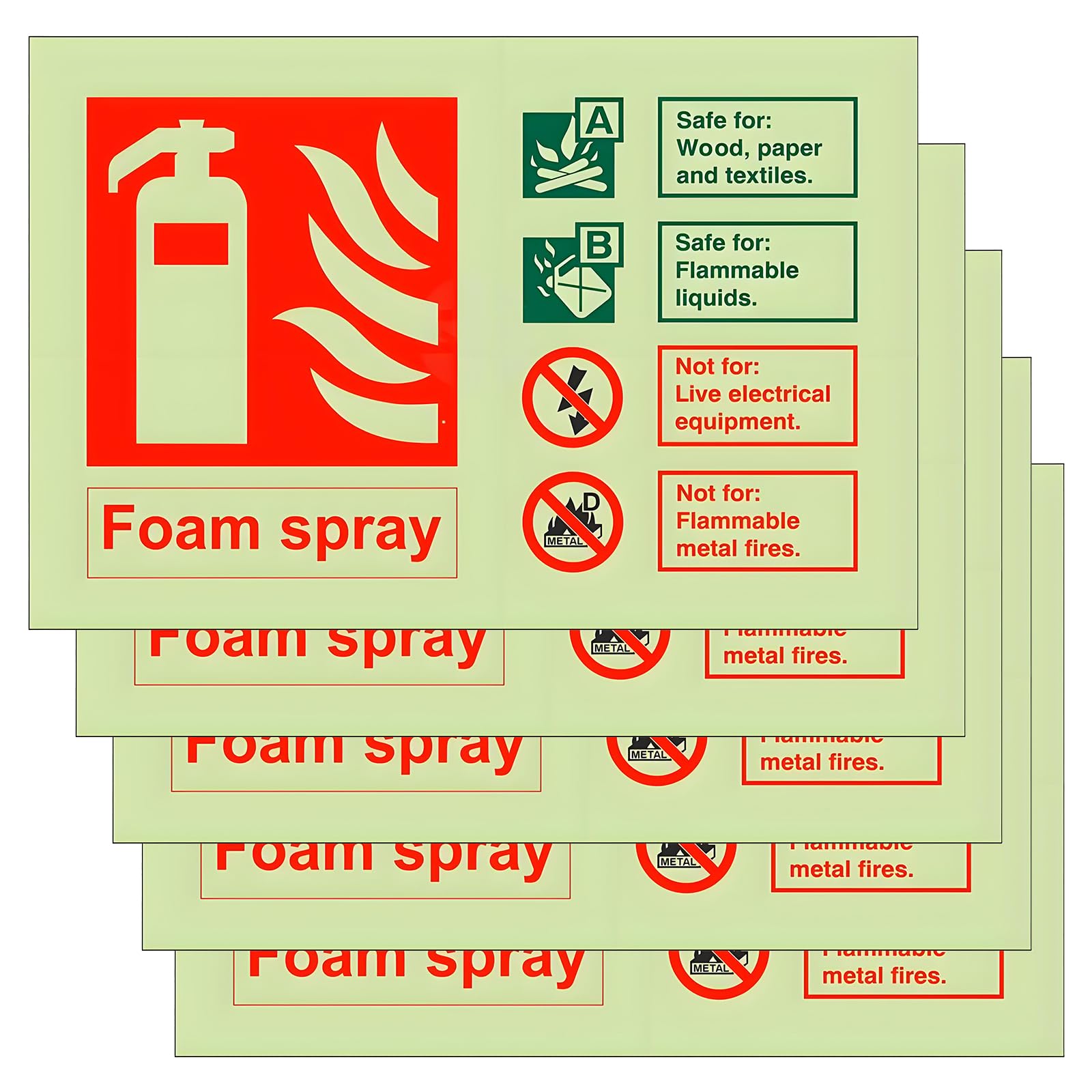 Alriedy 5PCS Foam Fire Extinguisher Sign Self-Adhesive Vinyl Safety ID Label, 165mm x 110mm Glow in The Dark – Visible Label for Electrical Safety Equipment, Workplace, Office & Industrial Facility