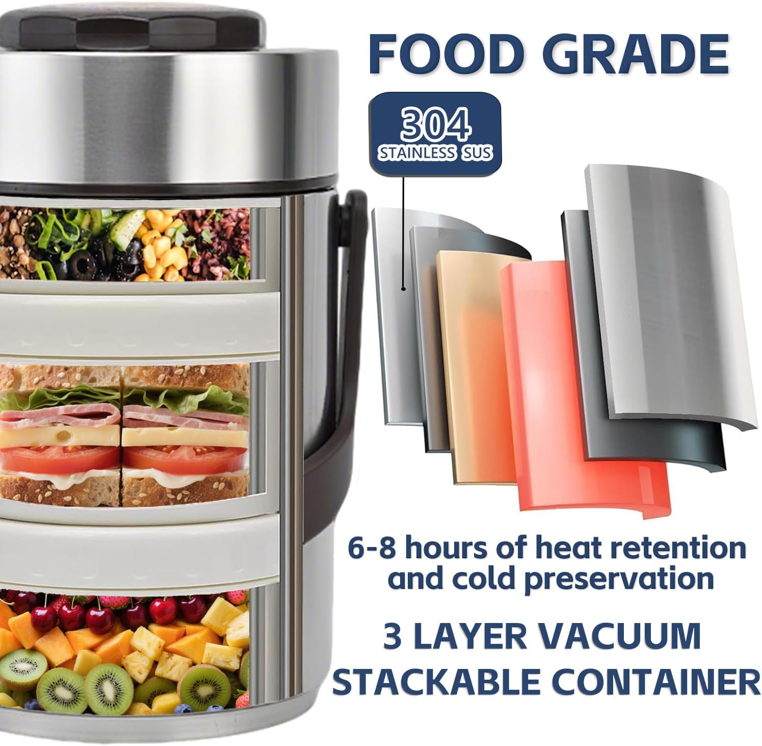 Vacuum Insulated Food Container Set with 3 Stackable Compartments - 67oz Adults Thermal Lunch Box, Leak-Proof Stainless Steel Wide Mouth Thermal Food Jar for Hot Food, Office & Outdoor