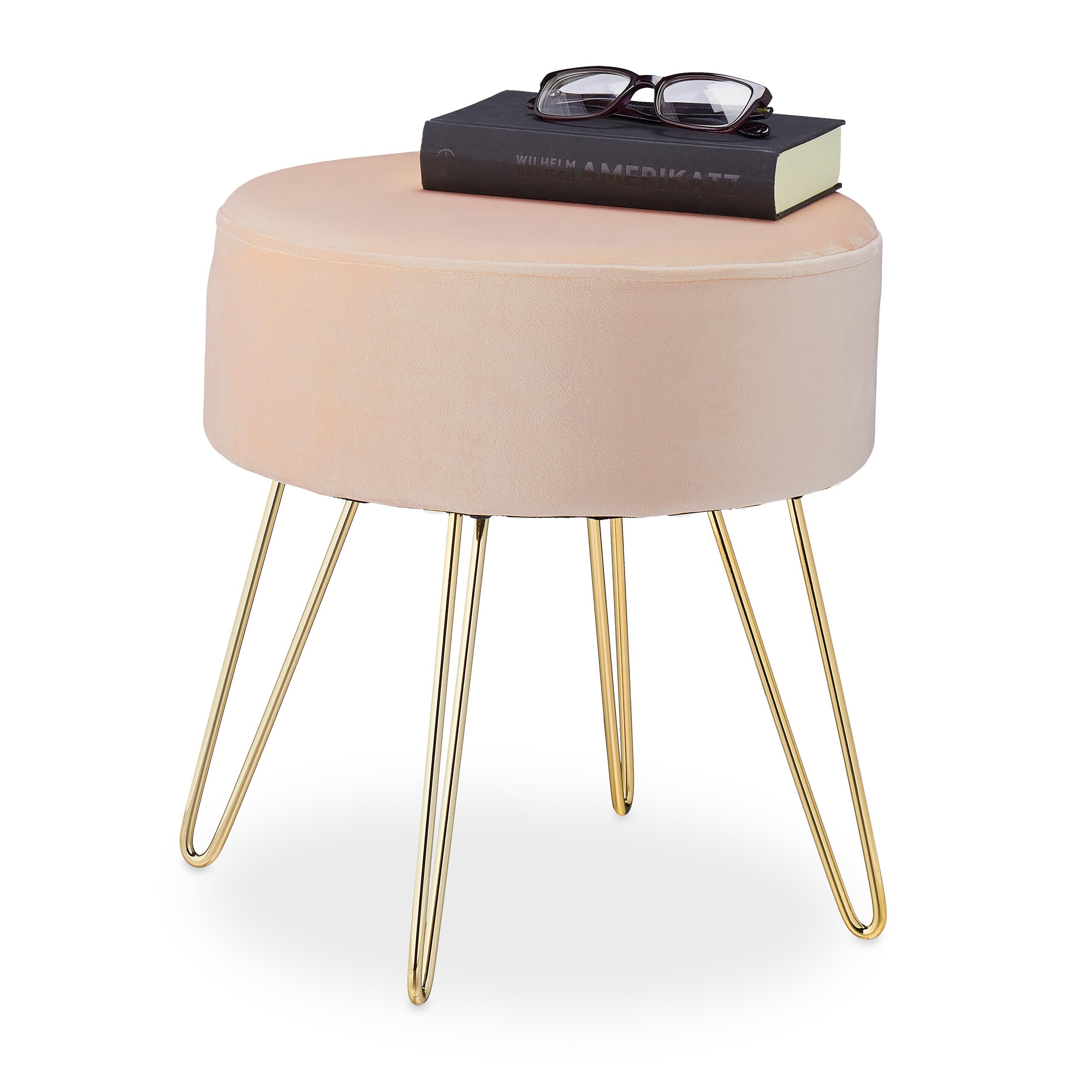 Relaxdays Taburete Tocador Terciopelo, Patas Hairpin, Puff Redondo, Asiento Acolchado Salón, 40 x 37 cm, Beige y Dorado