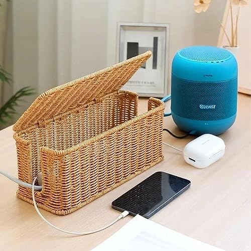 Miniatura 6 de ShellKingdom Caja de organización de cables, cuerda de ratán tejida a mano, caja organizadora con tapa para oficina en casa, TV, computadora,