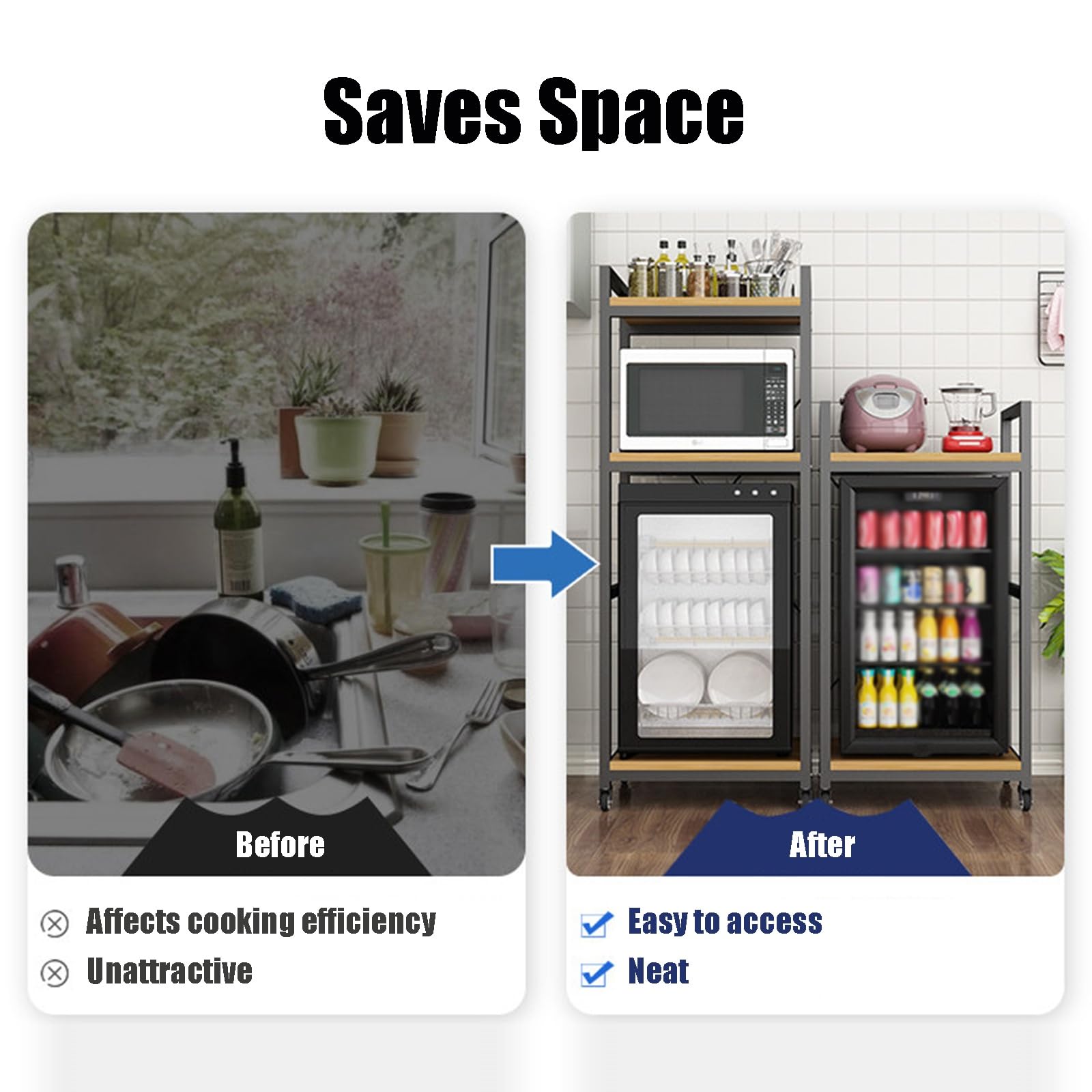 Carrello per microonde su ruote, organizer da cucina regolabile a 3 livelli con metallo e MDF, supporto salvaspazio per forno a microonde e mini frigorifero, scaffale per rollare