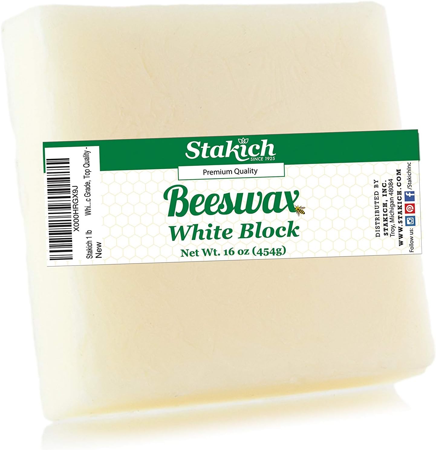 Stakich White Beeswax Block - Natural, Cosmetic Grade, Premium Quality - (2 Pound (in 1 Pound Blocks))