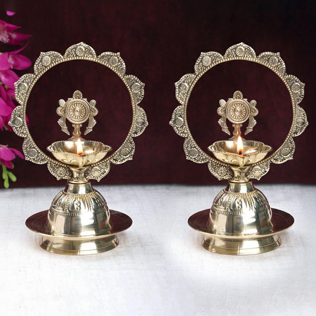 SATVIK Pair - 7–7.5 Inch - Brass Embossed Shankh Morkiran Diya l Traditional Oil Lamp for Pooja, Mandir and Home Decor