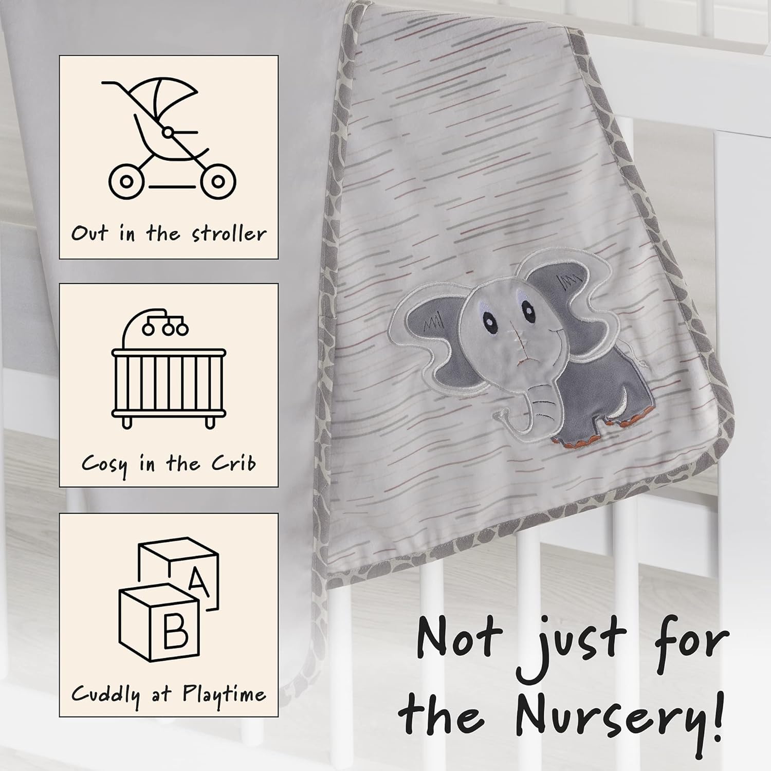 Minky Baby Blanket for Baby Boy and Baby Girl. Super Soft Elephant Blanket, Part of Jungle Animal Safari Nursery Collection by Oberlux. Gray / Multicoloured, 30x40 Inches. : Baby