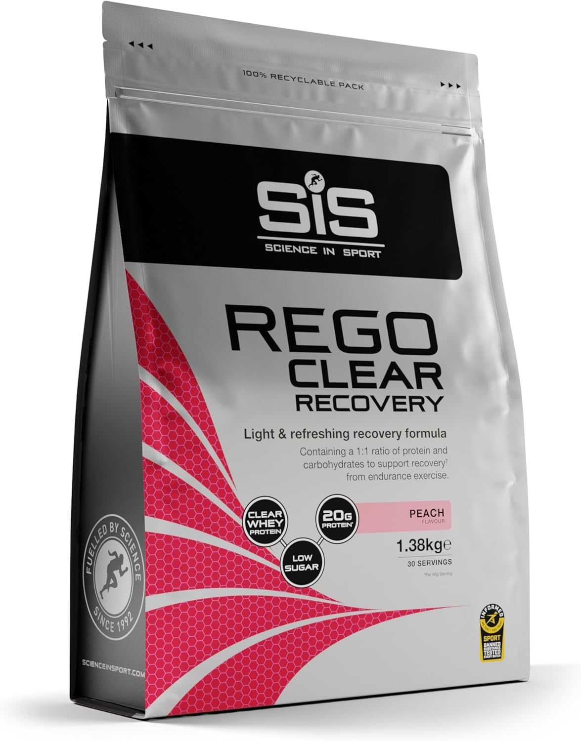 Science in Sport REGO Clear Recovery - Clear Protein Powder & Refuel Drink for Muscle Support - 20g Protein & 21g Carbohydrates - Sports Nutrition - Peach Flavor - 48oz