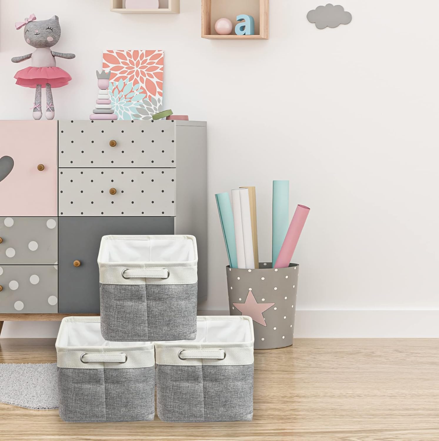 Simple Houseware 14.4" x 10" Slim Large Fabric Storage Bin with Handles for Narrow Shelves and Closet, 3 Pack, Gray