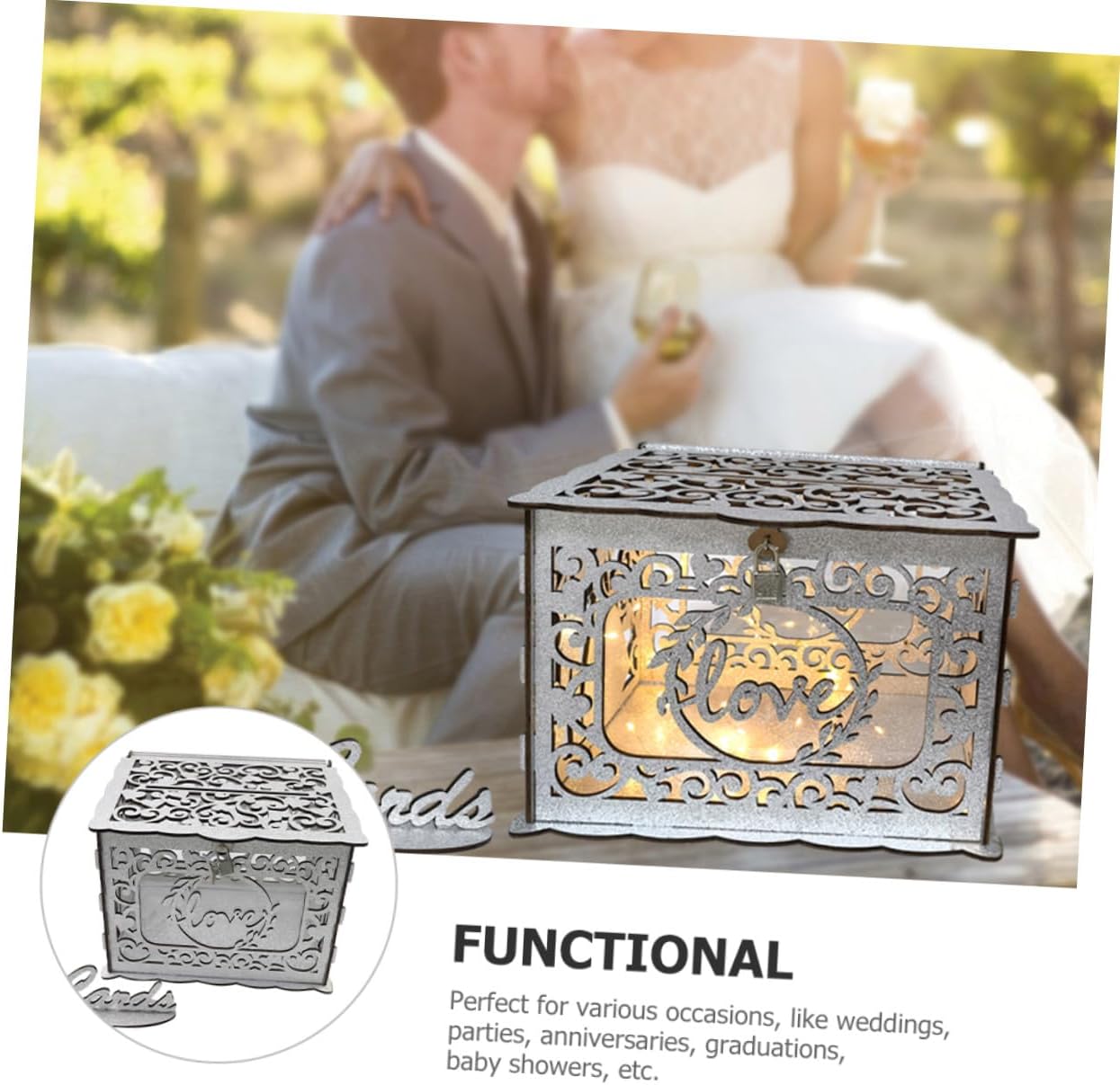 Veemoon Wooden Hollow Card Box with Glitter Anniversary Card Container, Portable Wedding Greeting Storage Box for Reception and Birthday Events