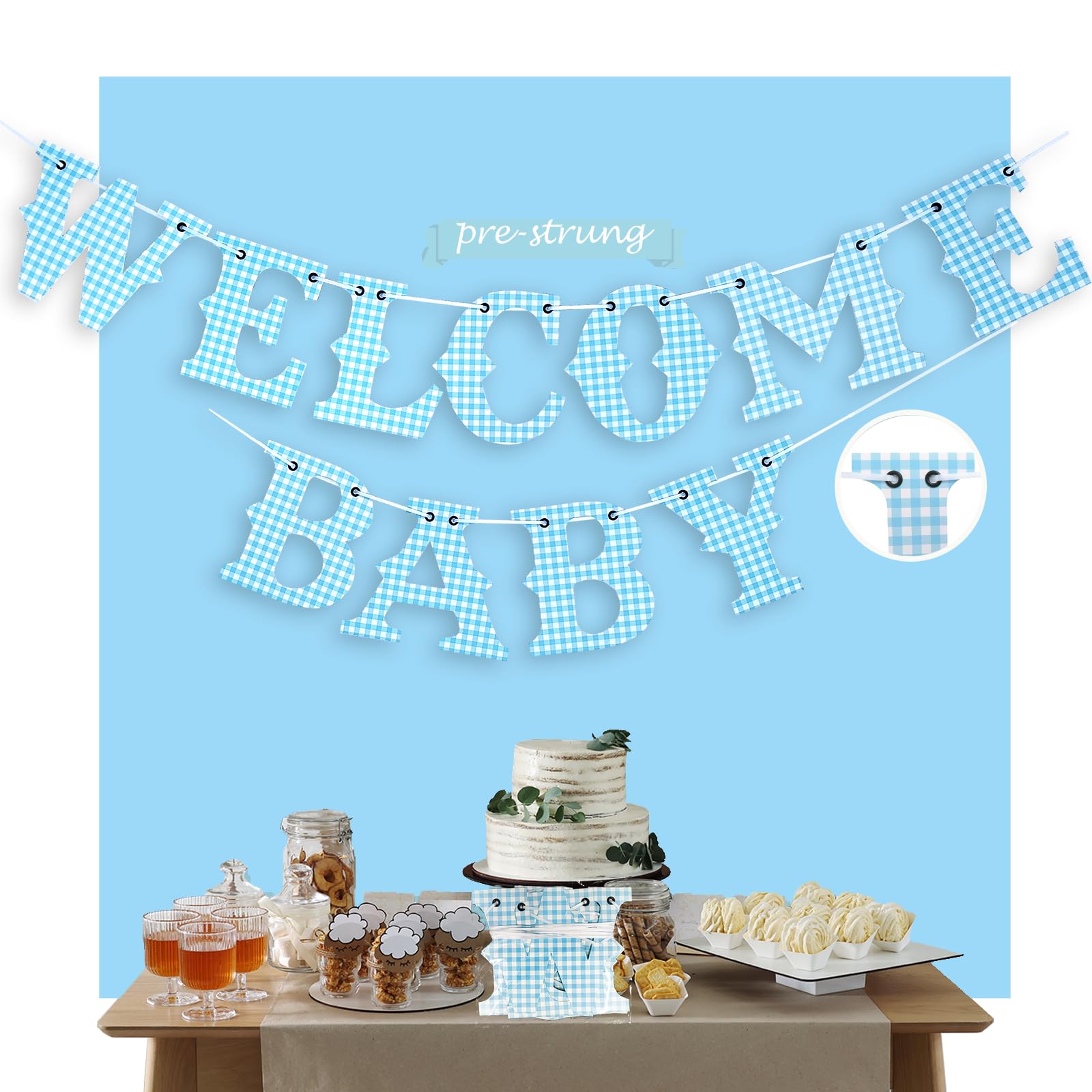 Pre-Strung Welcome Baby Banner 15ft Baby Shower Sign Gender Reveal Newborn Sign for Baby Shower Party (Blue Gingham)