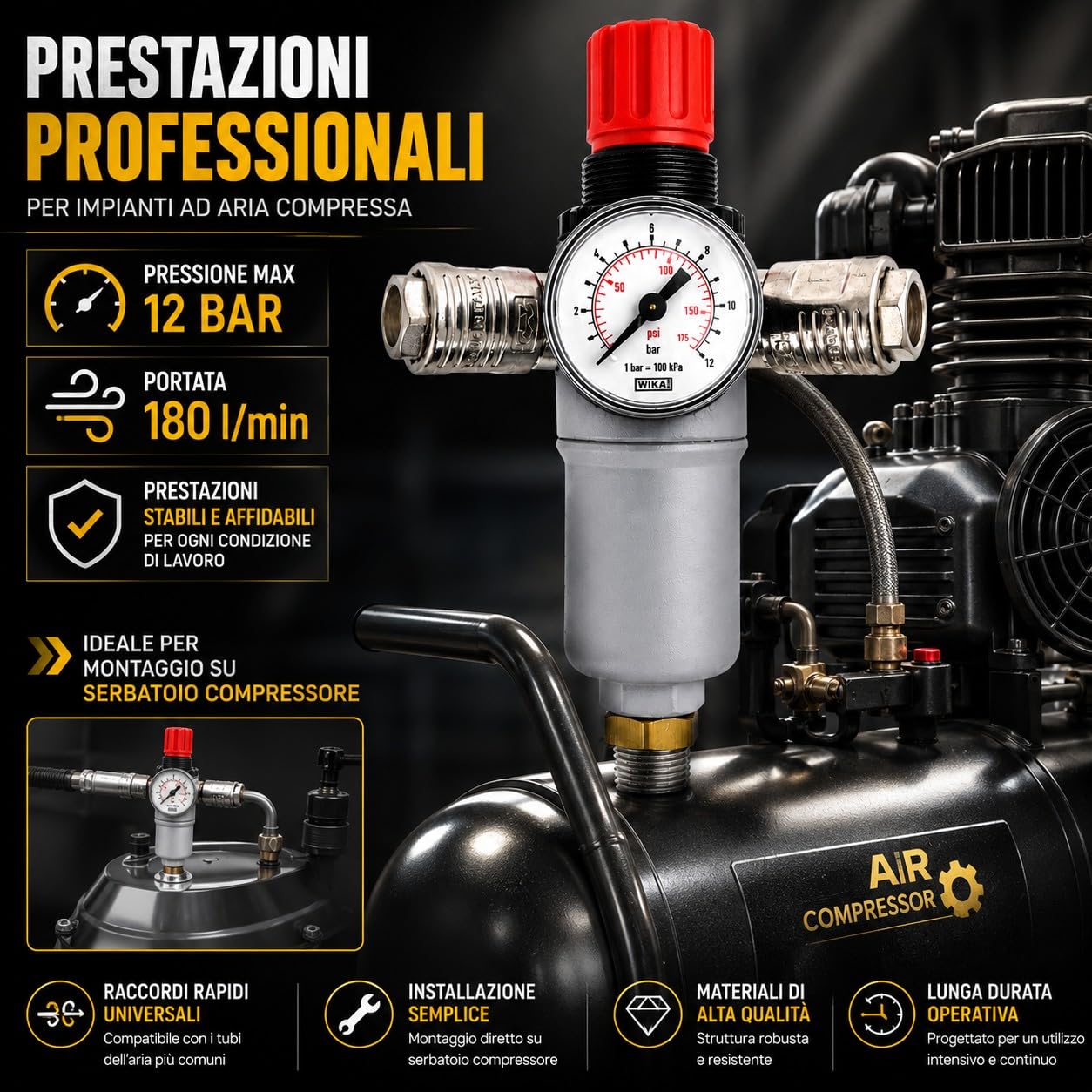 Regolatore di Pressione per Compressore con Filtro Aria Manometro 2 Uscite Universali Raccordo 3/8" Maschio 12 Bar 180 L/min