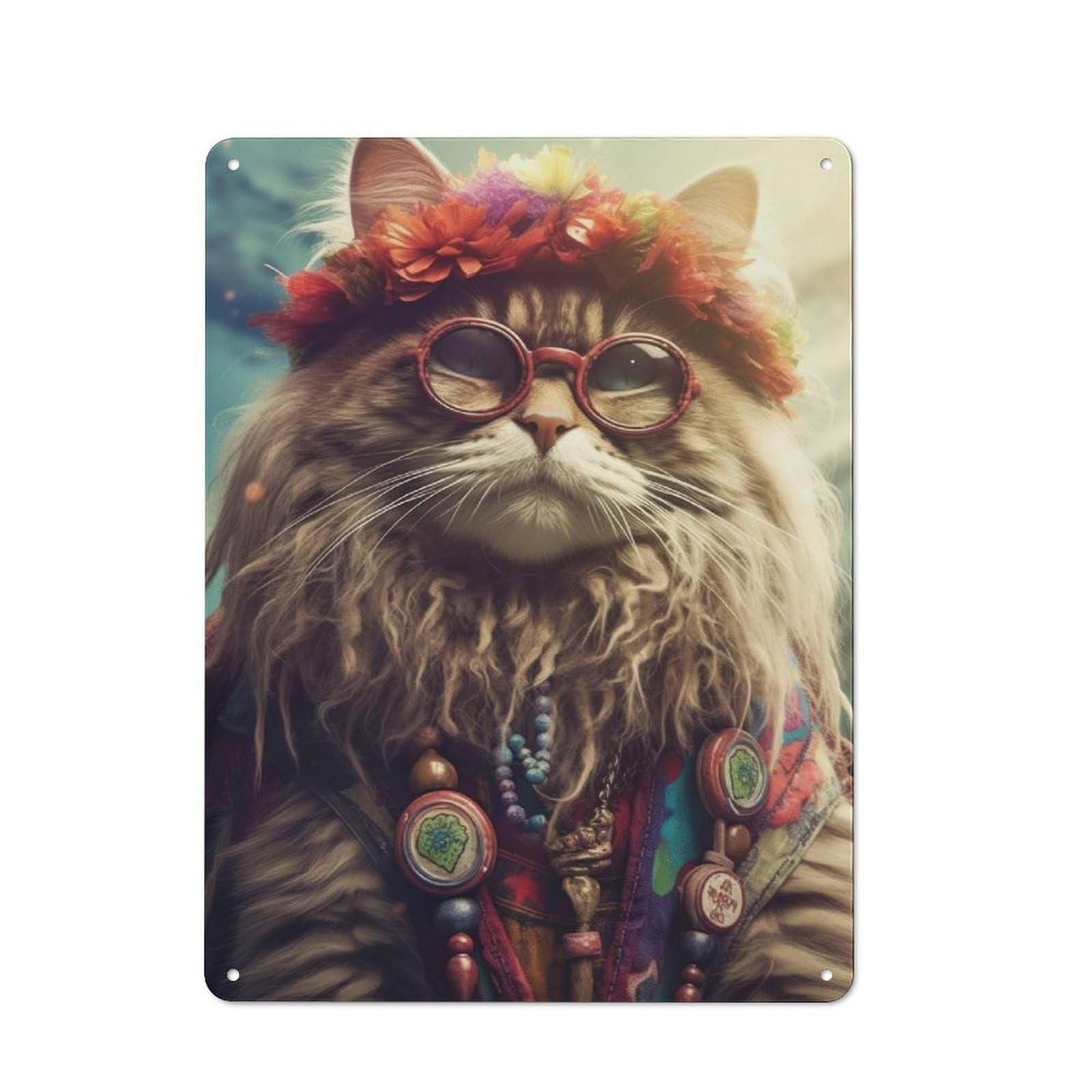 Tin Wall Plaque 40x30cm with Hippie Cat for Hobby Room Or Studio, for Updating Hobby Room And Studio after Moving