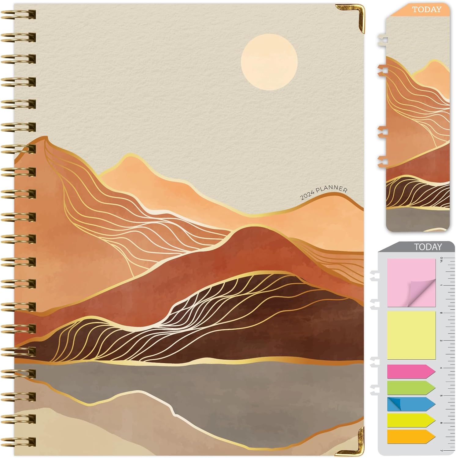 Global Printed Products, HARDCOVER 2024 Planner: (November 2023 Through December 2024) 8.5x11 Daily Weekly Monthly Planner Yearly Agenda Bookmark, Pocket Folder & Sticky Note Set (Golden Desert)