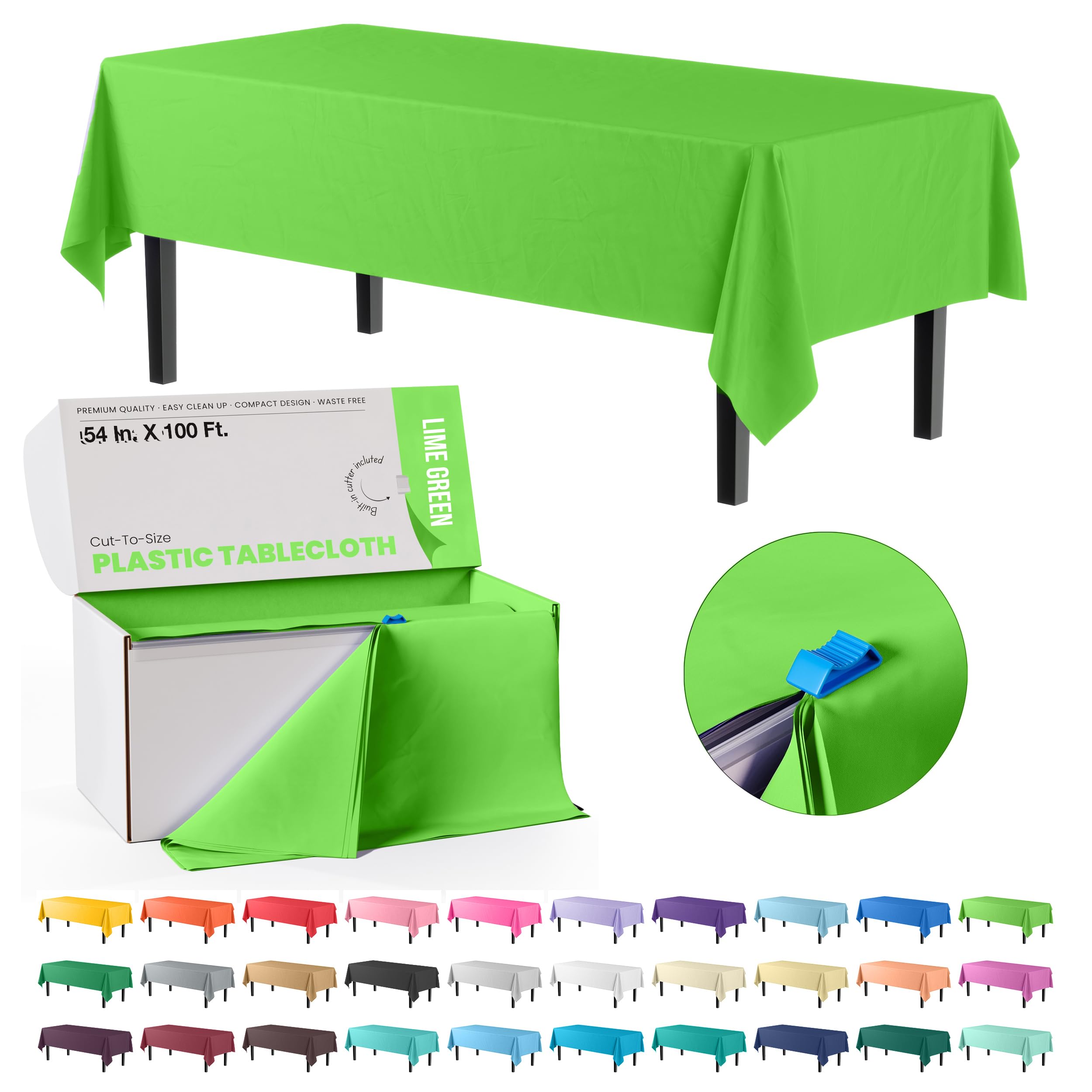 Exquisite Lime Green Plastic 54x100in Rectangular Tablecloth Roll with Built-in Cutter, 100 Feet, All-Season