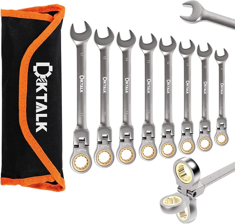 Kit com 8 Chaves Combinadas com Catraca e Cabeça Flexível DikTalk, Métricas de 8 a 17 mm, Aço Cromo-Vanádio, 72 Dentes com Bolsa Enrolável
